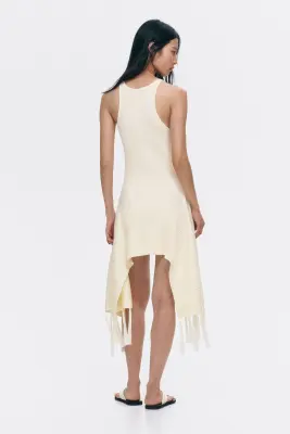 Robe frangée en maille côtelée - Crème — photo 1