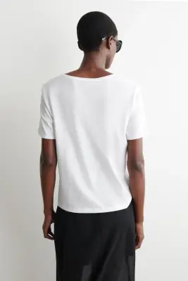 T-SHIRT COL EN U EN COTON LÉGER - BLANC — photo 3
