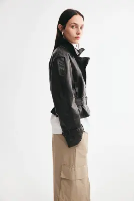 Veste de style motard en tissu enduit - Marron foncé — photo 3