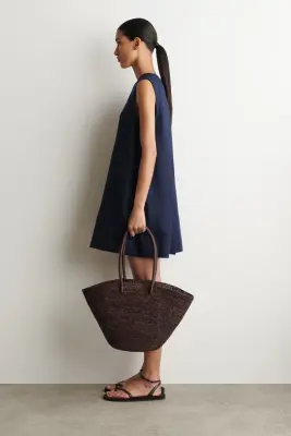 ROBE COURTE COL EN V ET DOS OUVERT EN LIN - BLEU MARINE — photo 1