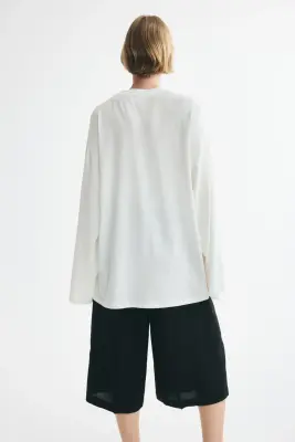 Long-sleeved cotton top - Crème — photo 2