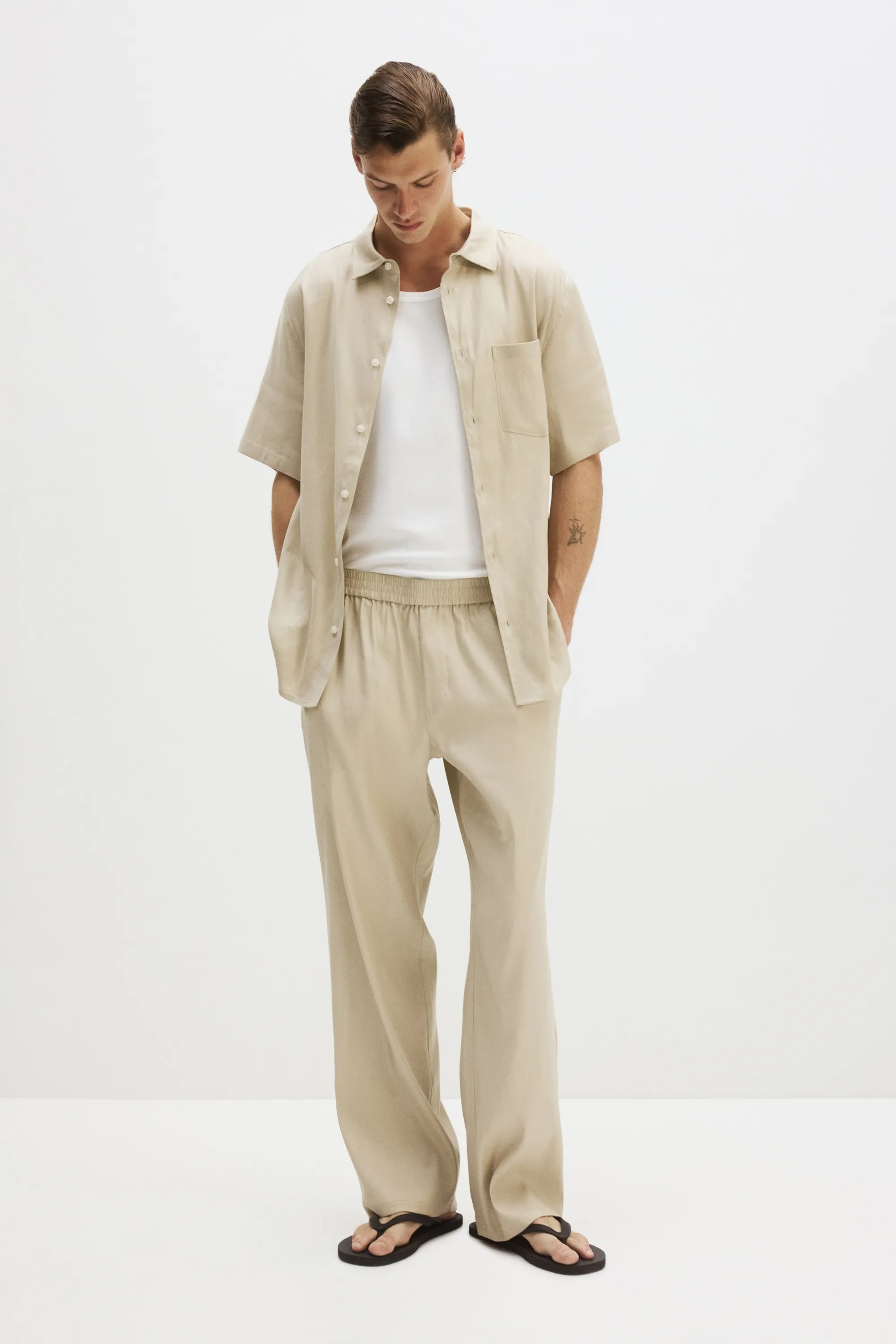 Pantalon Easy-care Loose Fit en lin mélangé - Beige
