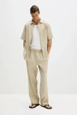 Pantalon Easy-care Loose Fit en lin mélangé - Beige — photo 1