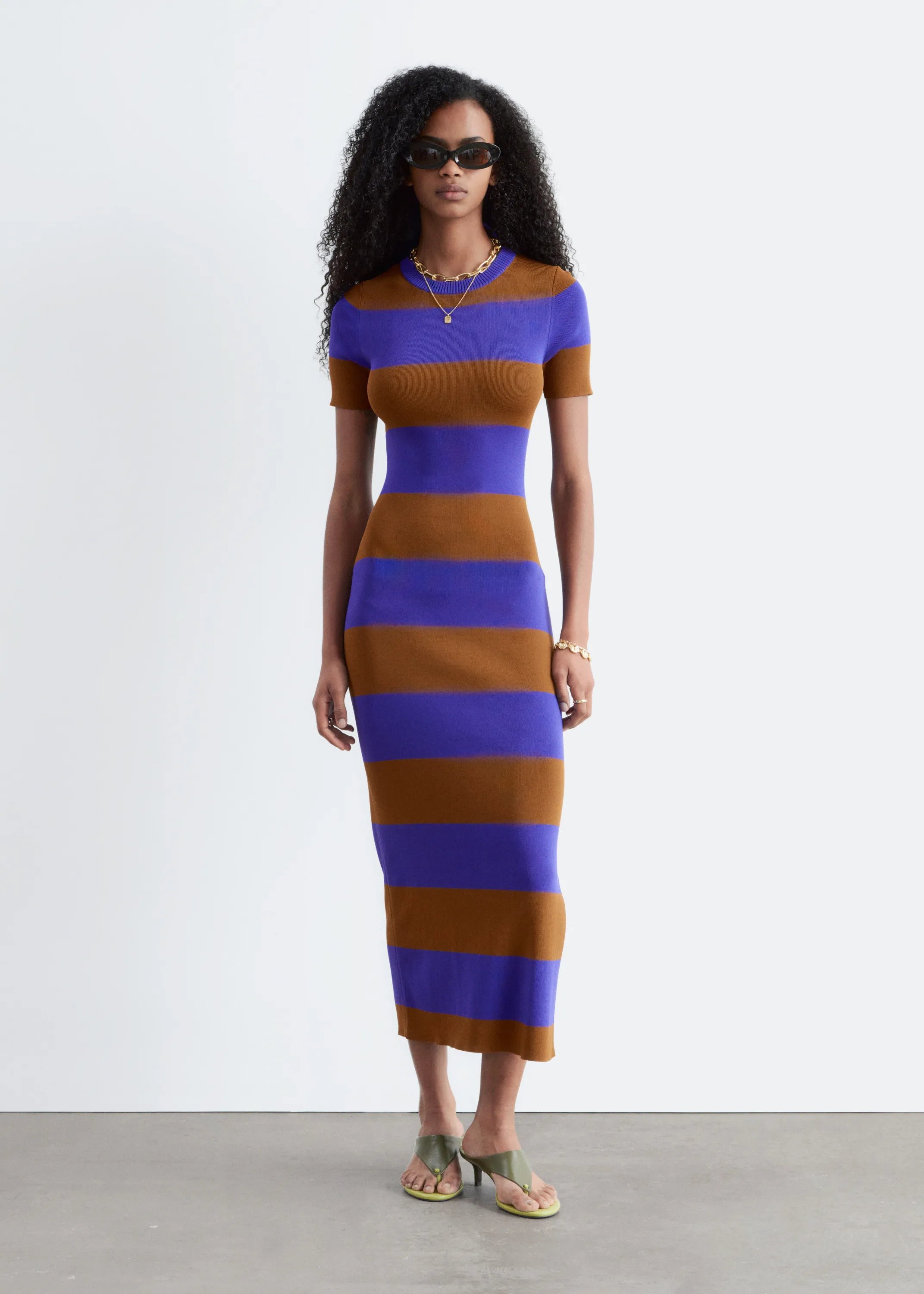 Robe longue en maille côtelée - Violet/Brun