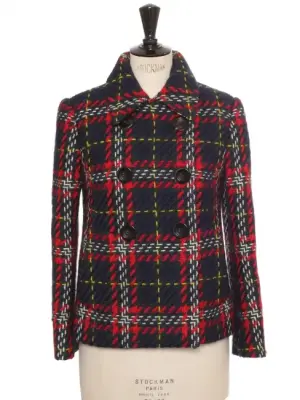 Veste manteau écossaise à boutons en laine bleu marine Prix boutique 2550€ Taille 36 — photo 1