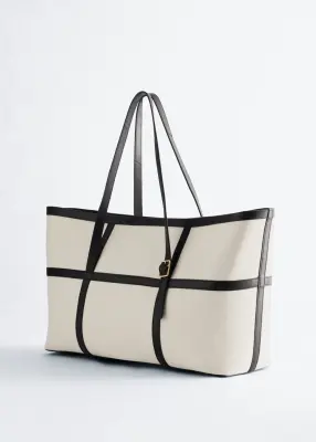 Sac cabas en toile à bordures en cuir - Blanc/Noir — photo 3