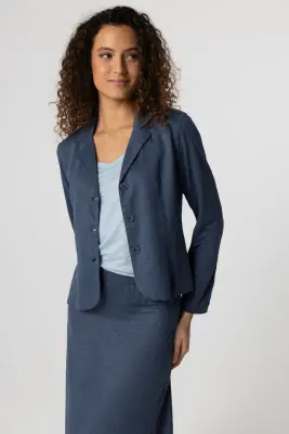 Veste Bleu Foncé Col Veste Manches Longues en Lin / Elasthanne — photo 2