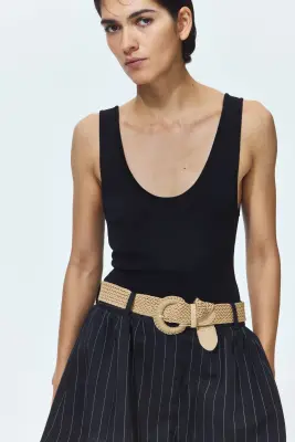 Short en lin mélangé avec ceinture - Bleu marine/rayures tennis — photo 2