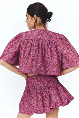 Blouse courte en coton - Rose foncé/fleuri — photo 4