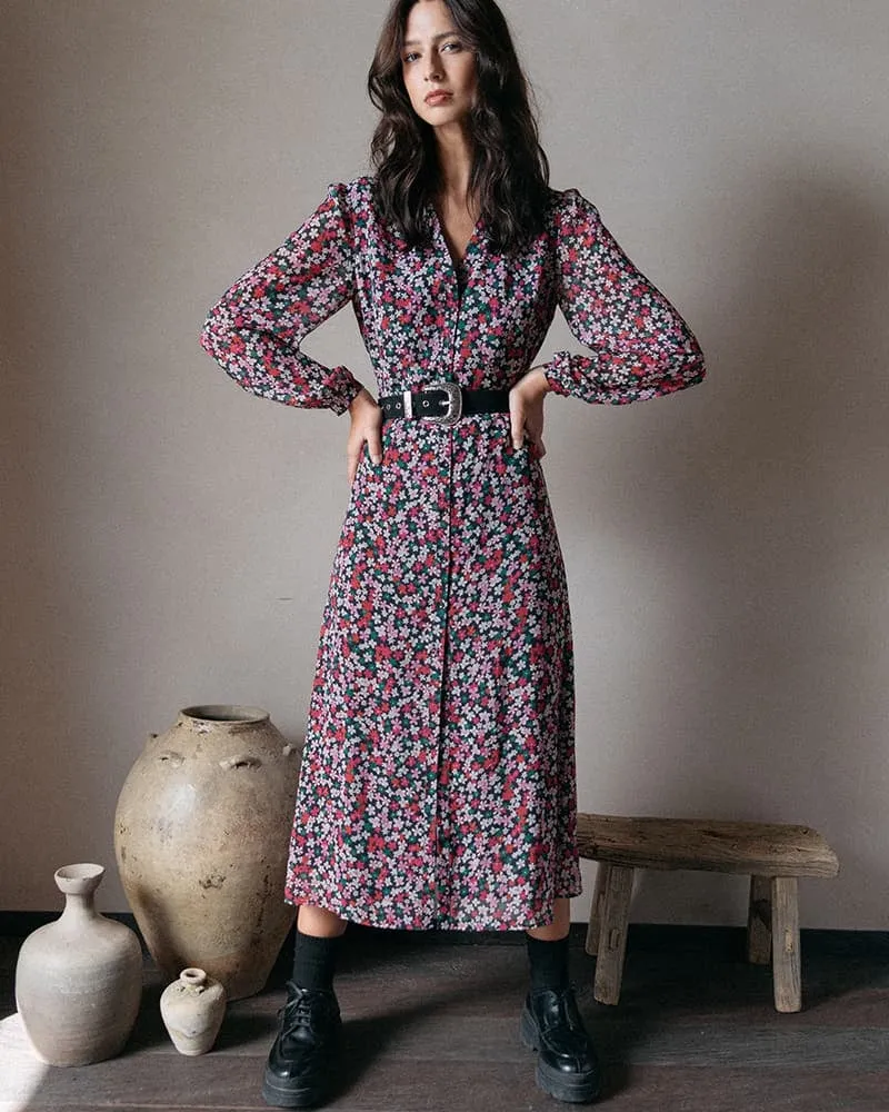 Robe midi imprimée fleurie boutonnée Dione Noir – Grace & Mila