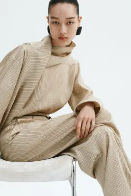 Pantalon barrel en lin mélangé - Beige/rayé — photo 2