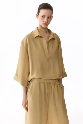 Blouse oversize en lyocell mélangé - Beige clair — photo 2