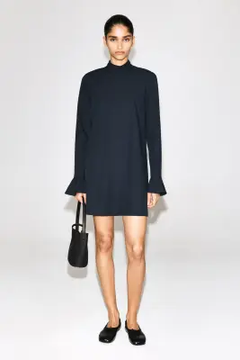 ROBE COURTE À MANCHERONS ÉVASÉS EN COTON - BLEU MARINE — photo 1