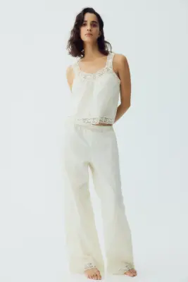Pyjama en coton avec dentelle - Crème — photo 2