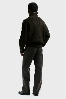 Pantalon Relaxed Fit en tissu enduit - Marron — photo 2