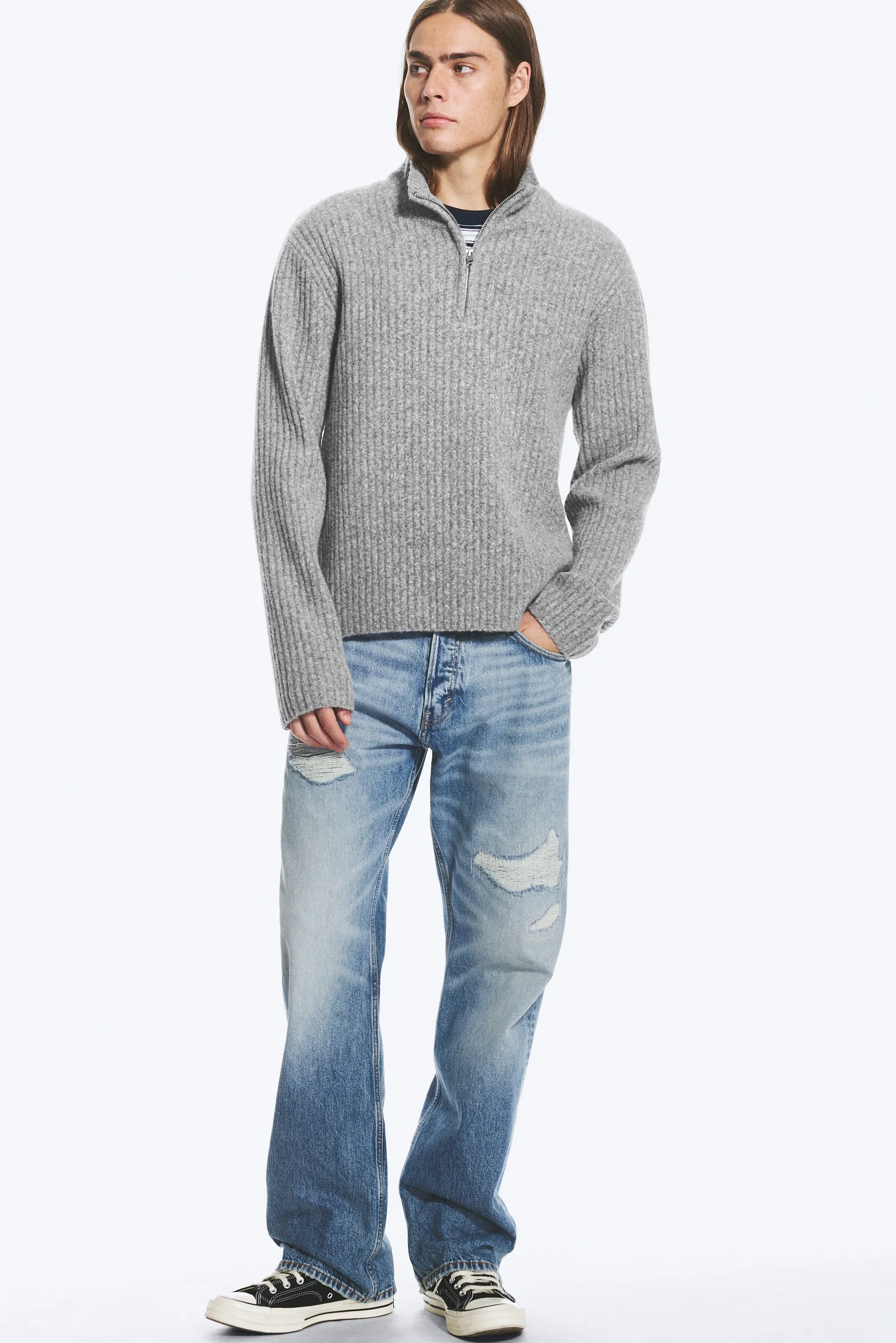 Pull demi-zippé en laine mélangée - Gris