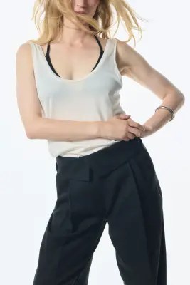Pantalon en lin mélangé avec ceinture repliée - Noir — photo 1