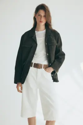 Short Bermuda en denim avec ceinture - Crème — photo 2