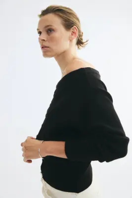 Gilet épaules nues en maille bouclette - Noir — photo 3