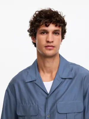 Chemise oversize à col cubain - Bleu orage — photo 3