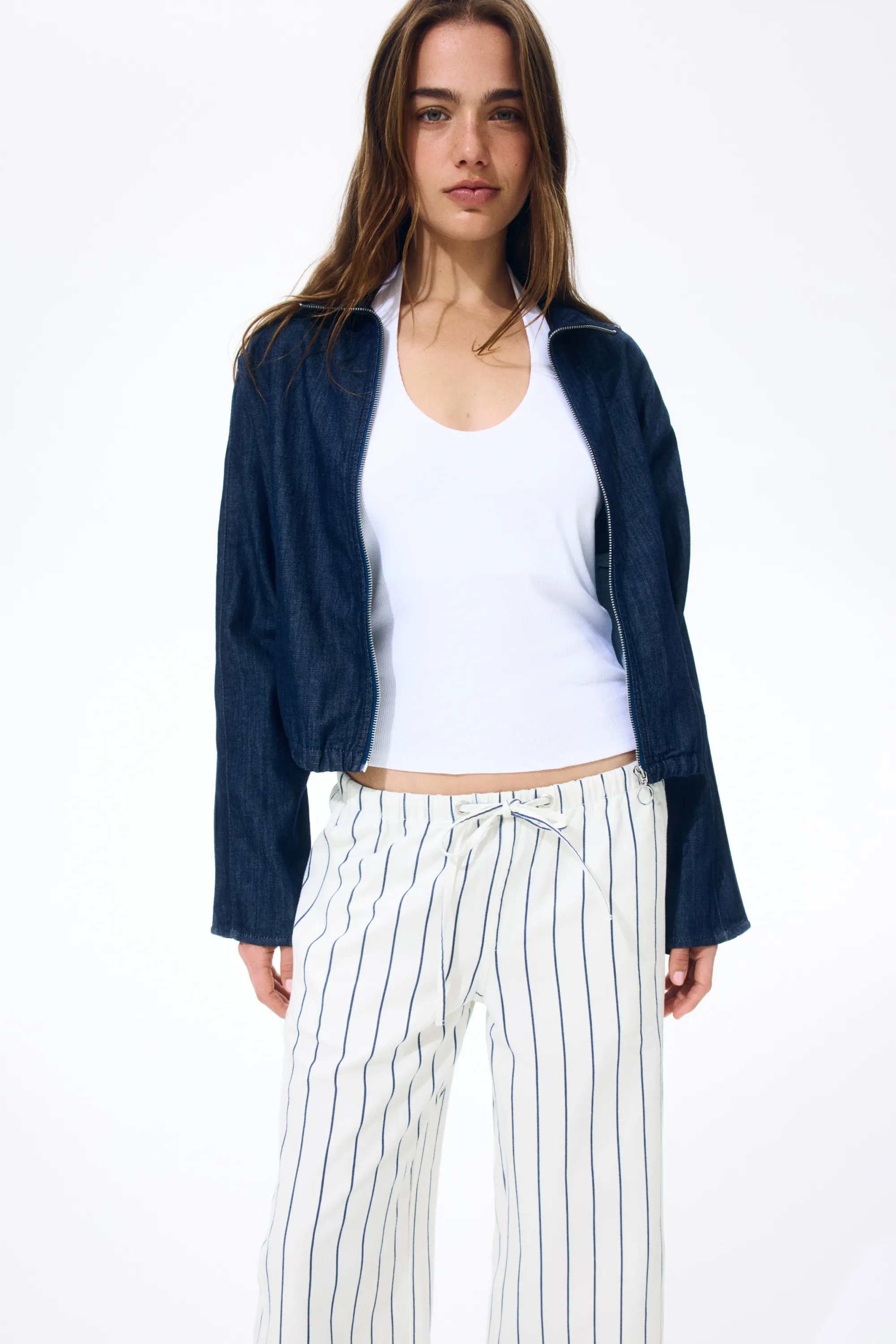Pantalon à cordon en denim - Crème/rayé
