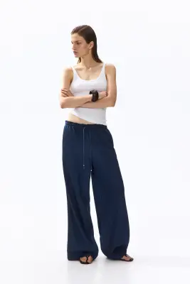 Pantalon paper bag à jambes larges - Bleu denim foncé — photo 2
