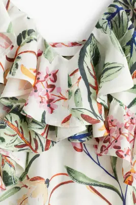 Robe épaules dénudées à volants - Crème/fleuri