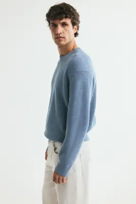 Pull Regular Fit en maille de coton côtelée - Bleu moyen — photo 4