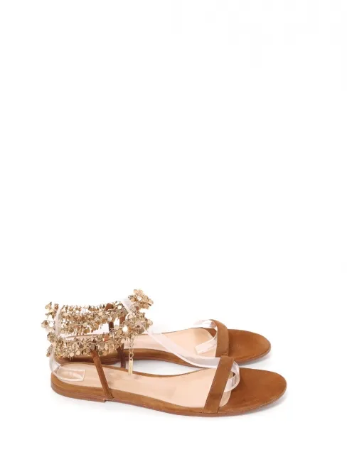 Sandales plates en suede camel bride cheville bijoux doré Prix boutique 550€ Taille 40