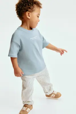 Pantalon en lin mélangé - Crème/rayures bleues — photo 2