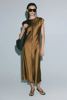 Robe midi en satin - Beige foncé — photo 1