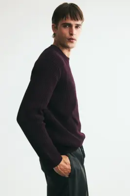 Pull Relaxed Fit en maille côtelée - Violet foncé — photo 3