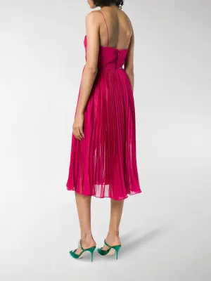 Robe midi en mousseline de soie plissée et dentelle rose fuchsia à fines bretelles Prix public $500 Taille 36 — photo 3