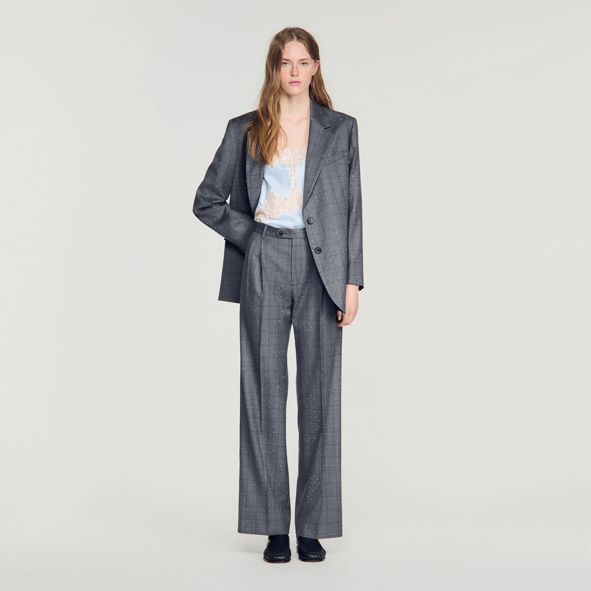 Pantalon à carreaux strassé laine