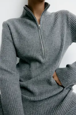 Pull en maille côtelée avec col zippé - Gris chiné — photo 2