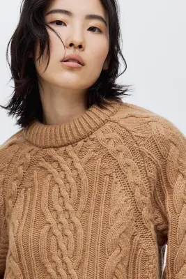 Pull en maille torsadée de laine mélangée - Beige — photo 2