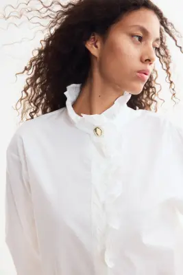 Blouse à volant ruché en coton - Blanc — photo 1