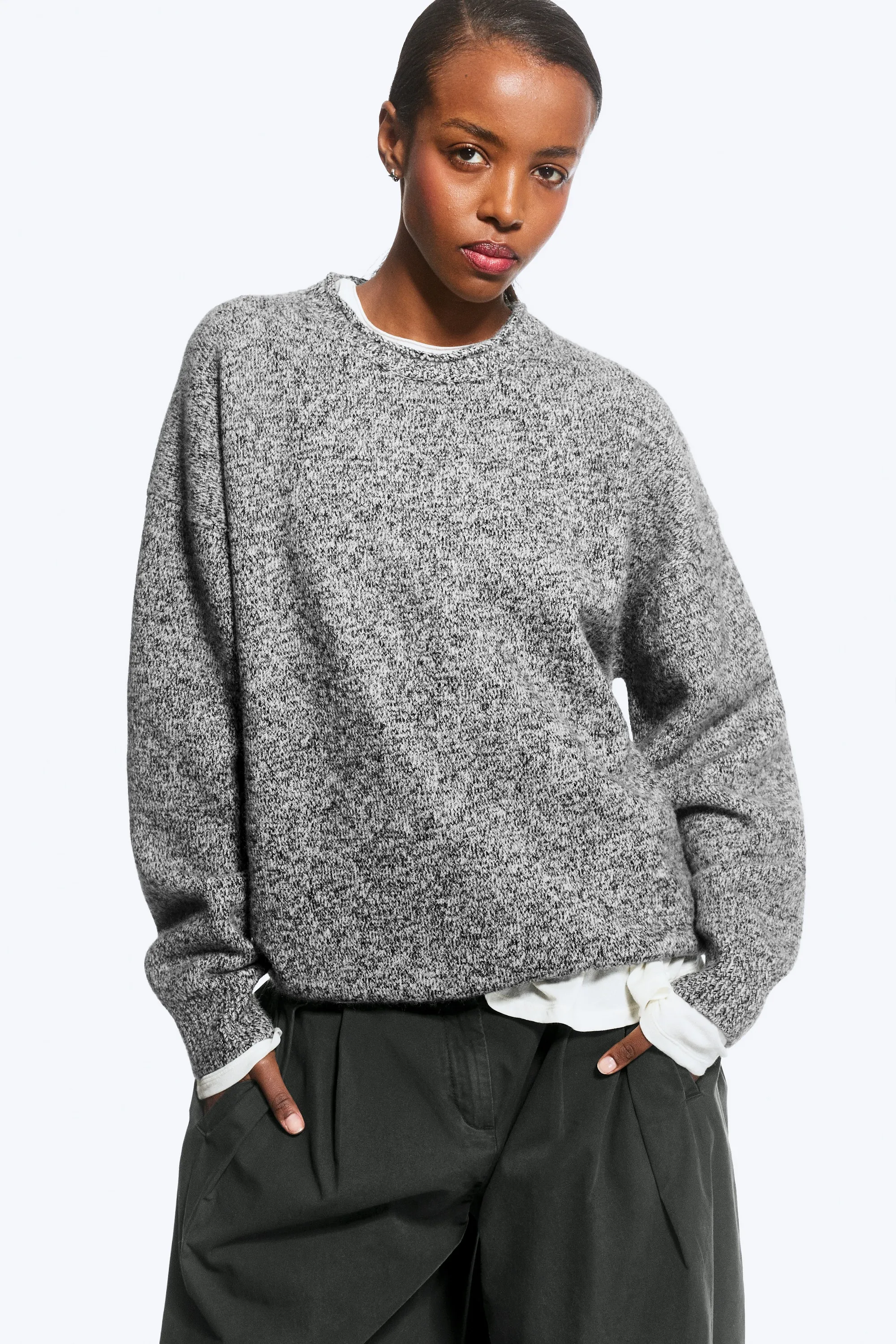 Pull en maille à col rond et coupe ample - Gris chiné