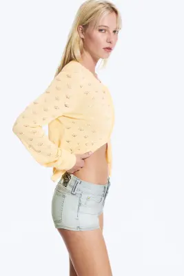 Cardigan confectionné en maille pointelle - Jaune clair cendré — photo 4