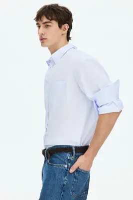 Chemise Relaxed Fit en popeline de coton - Bleu clair — photo 4