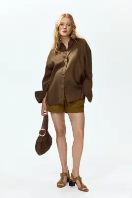 MAMA Short en lin mélangé - Olive doré foncé — photo 2