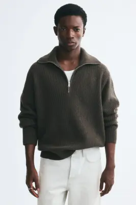 Pull Regular Fit en laine avec col zippé - Vert kaki foncé — photo 2