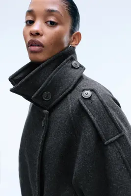 Manteau croisé ceinturé en mélange de laine - Gris foncé chiné — photo 3