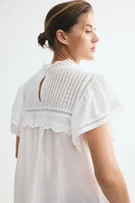Blouse à manches volantées avec dentelle - Blanc — photo 2
