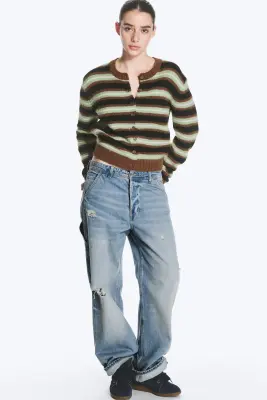 Cardigan boutonné en maille brossée - Rayures marron/noir/vert — photo 1