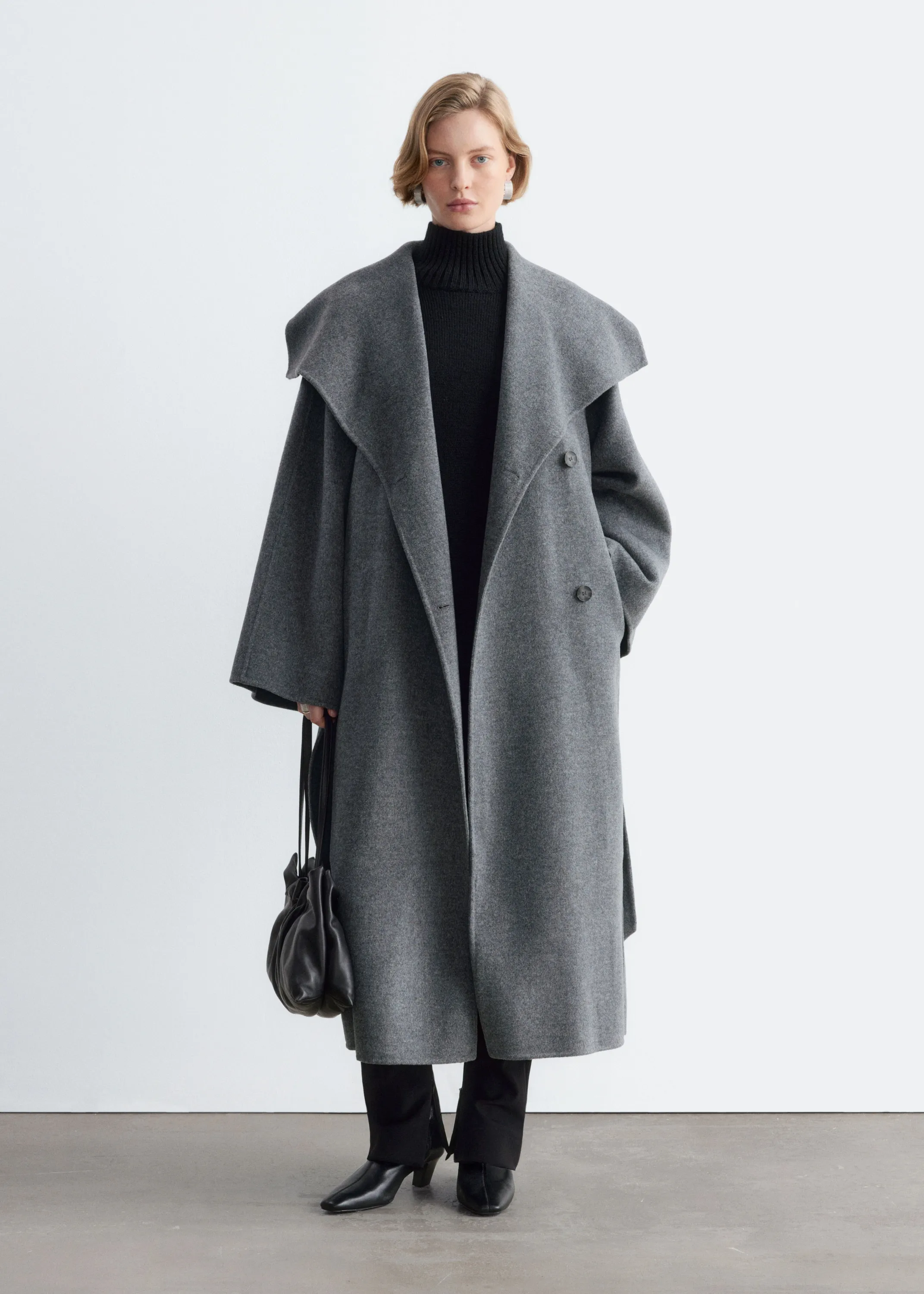 Manteau long en laine à col châle - Gris foncé