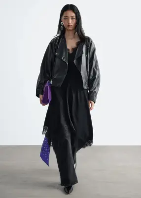 Veste style bomber à manches chauve-souris en cuir - Noir — photo 3