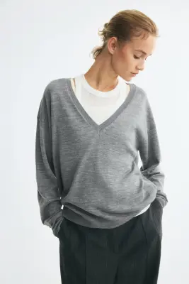 Pull en laine avec encolure en V - Gris chiné — photo 1