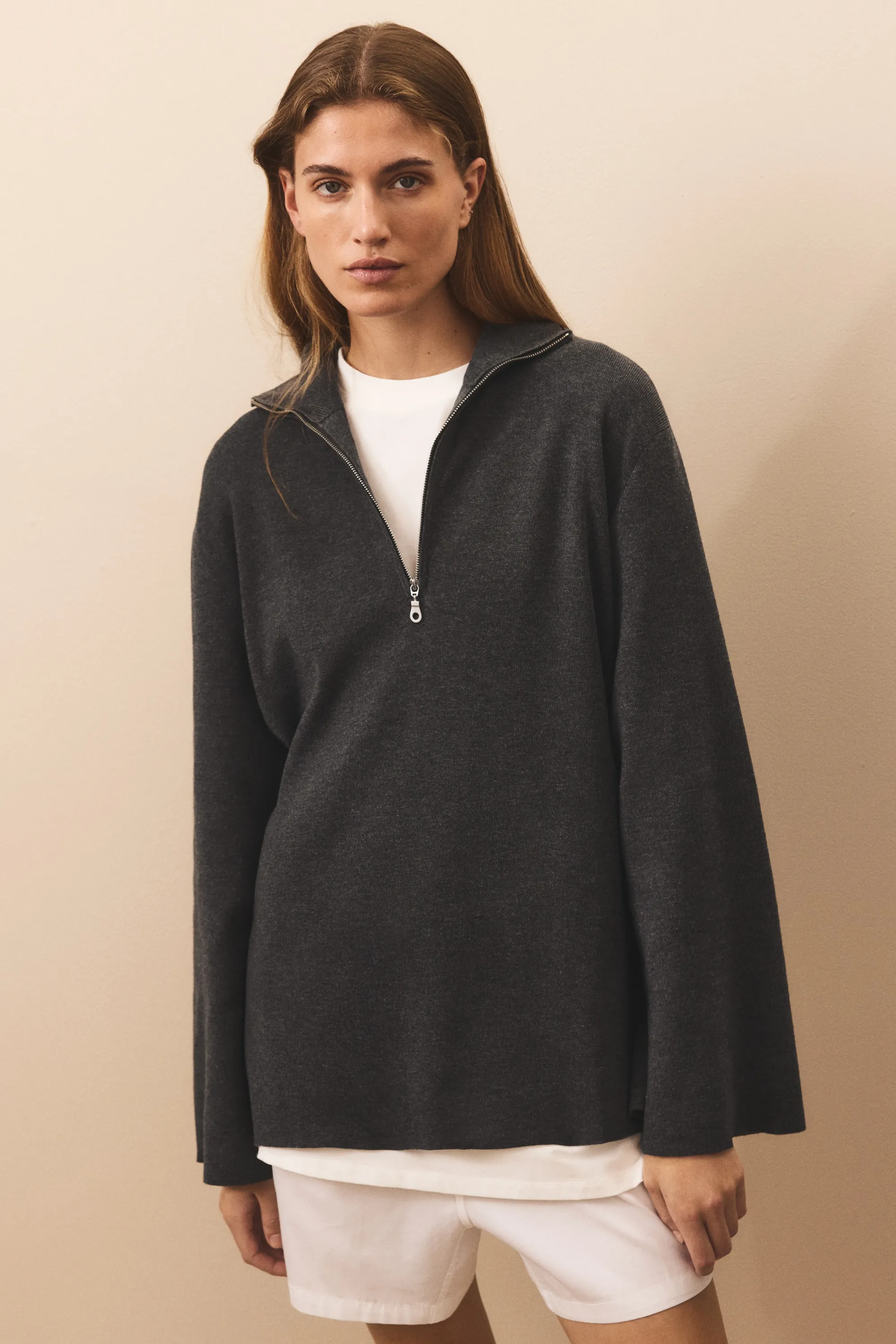 Pull en maille fine avec col zippé - Gris foncé