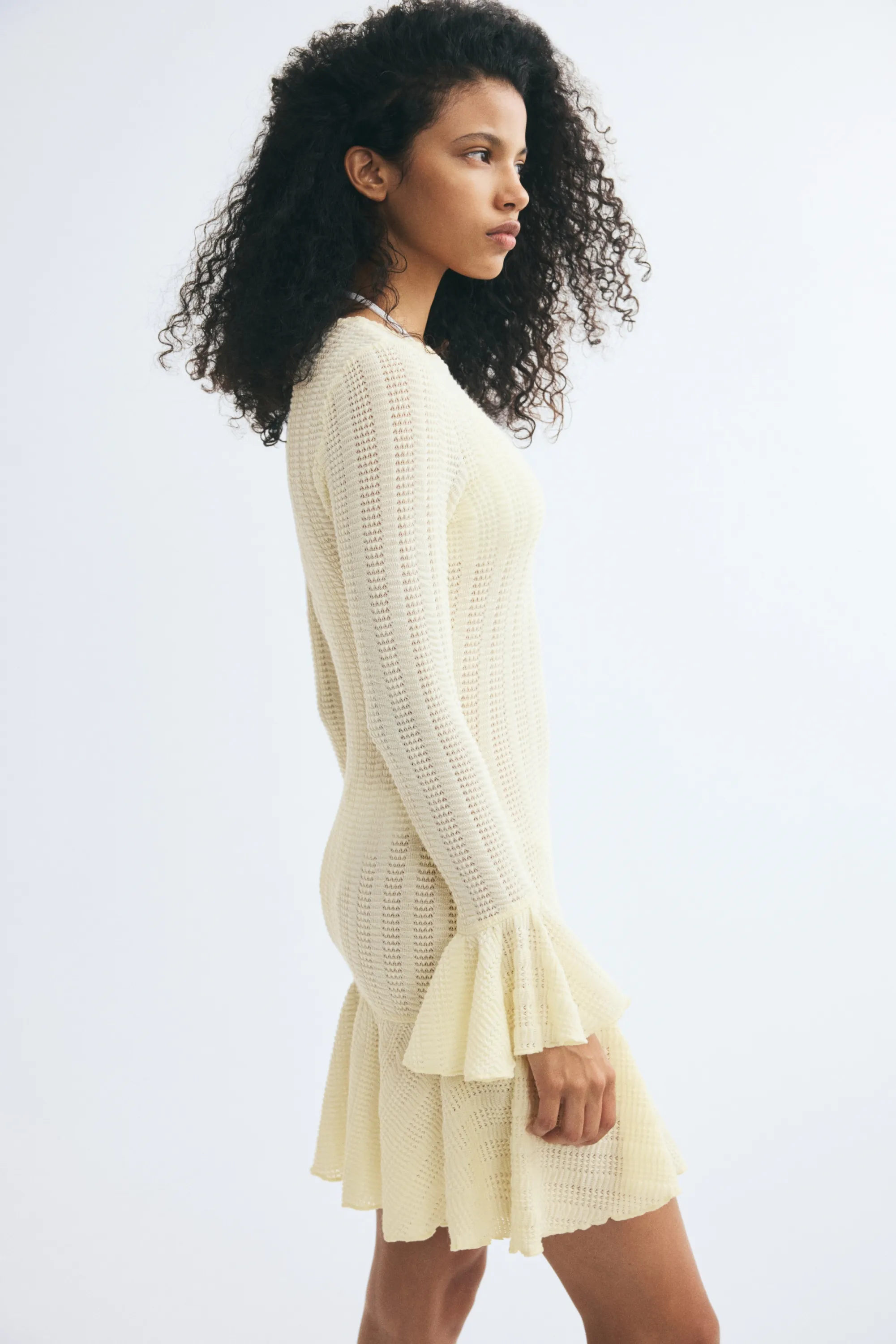 Robe volantée en maille pointelle - Jaune clair